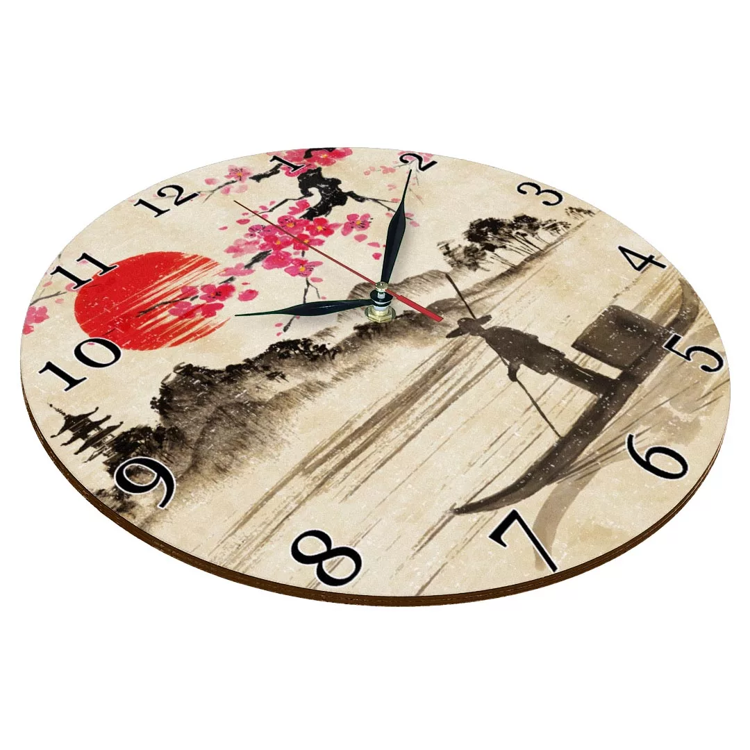 ساعت دیواری طرح نقاشی ژاپنی قایق و کوه و دریا کد 1415
