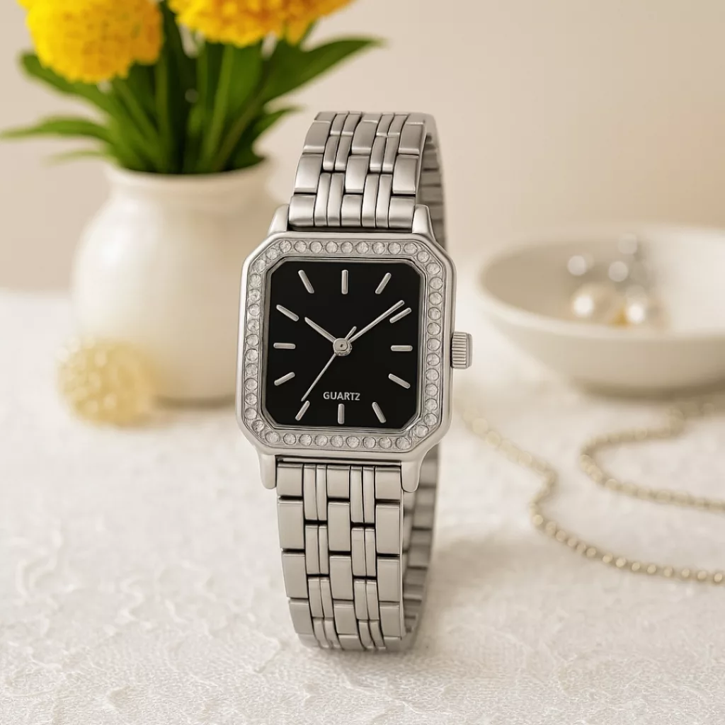 ساعت مچی عقربه‌ای کوارتز زنانه مدل لوکس کلاسیک بند طرح بافت قاب دور نگین کد ۴