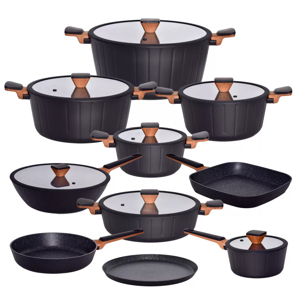 سرویس قابلمه و تابه گرانیتی 17 پارچه گری پن مدل دسته چوبی