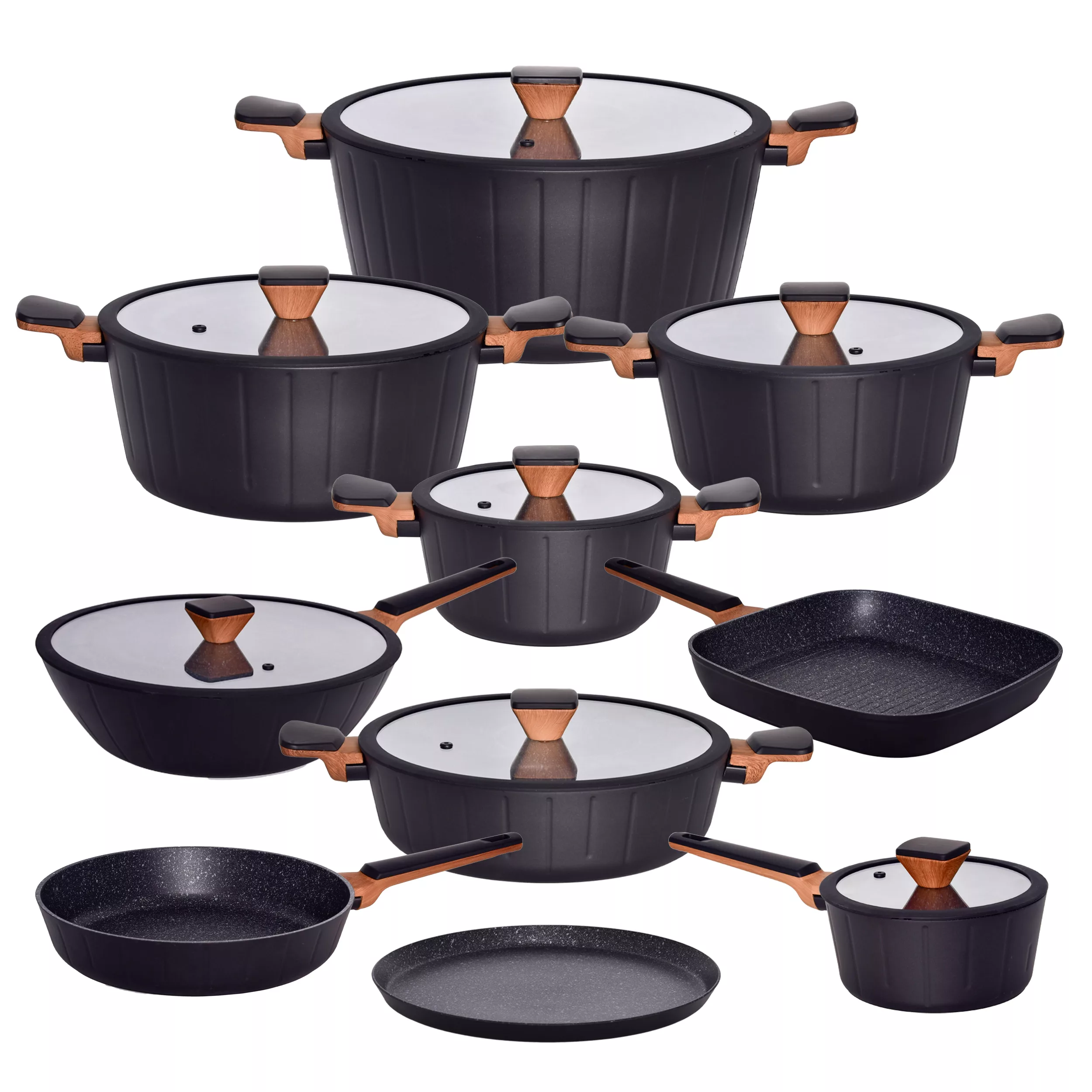 سرویس قابلمه و تابه گرانیتی 17 پارچه گری پن مدل دسته چوبی