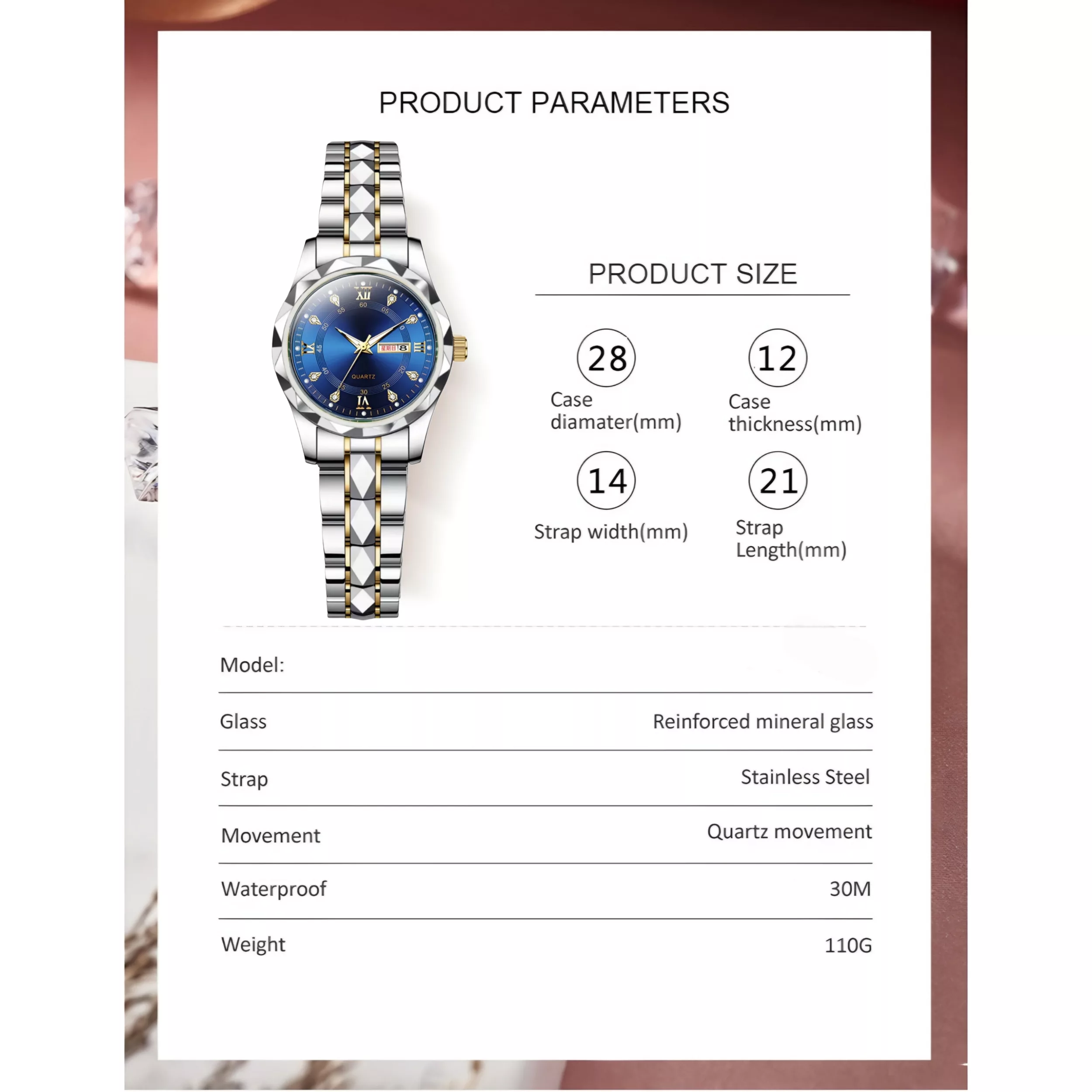 ساعت مچی عقربه‌ای زنانه مدل کوارتز کلاسیک طرح تراش الماسی کد C1.6