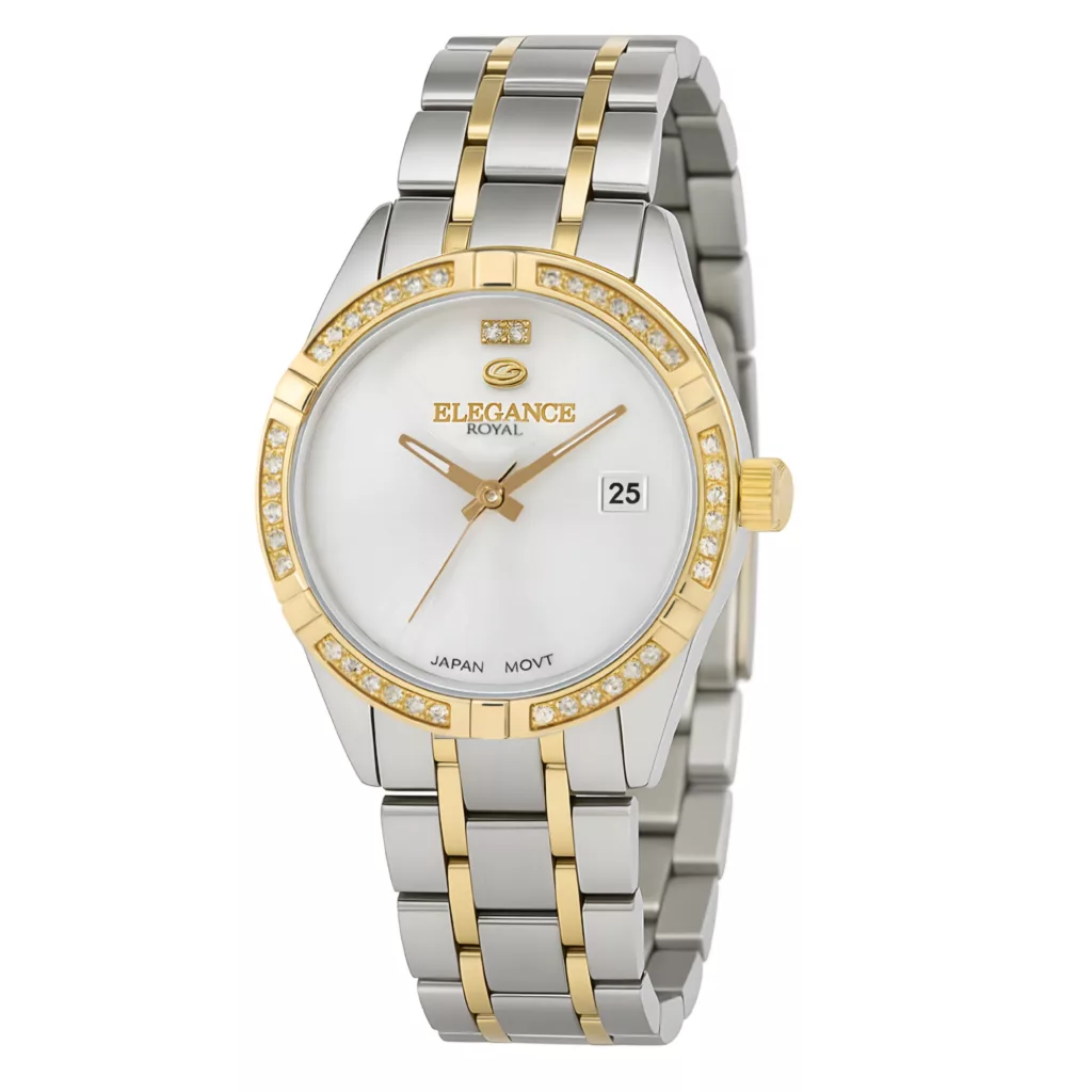 ساعت مچی عقربه‌ای کوارتز زنانه الگانس مدل لوکس بند استیل قاب دور نگین کد E4