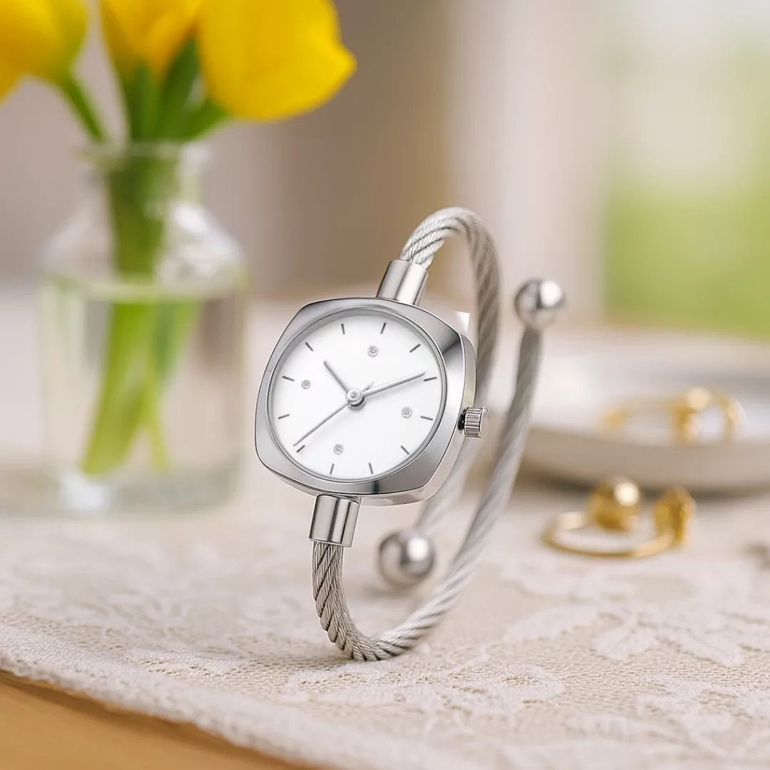 ساعت مچی عقربه‌ای کوارتز زنانه مدل لوکس مینیمال بند النگویی صفحه نگین دار کد ۵