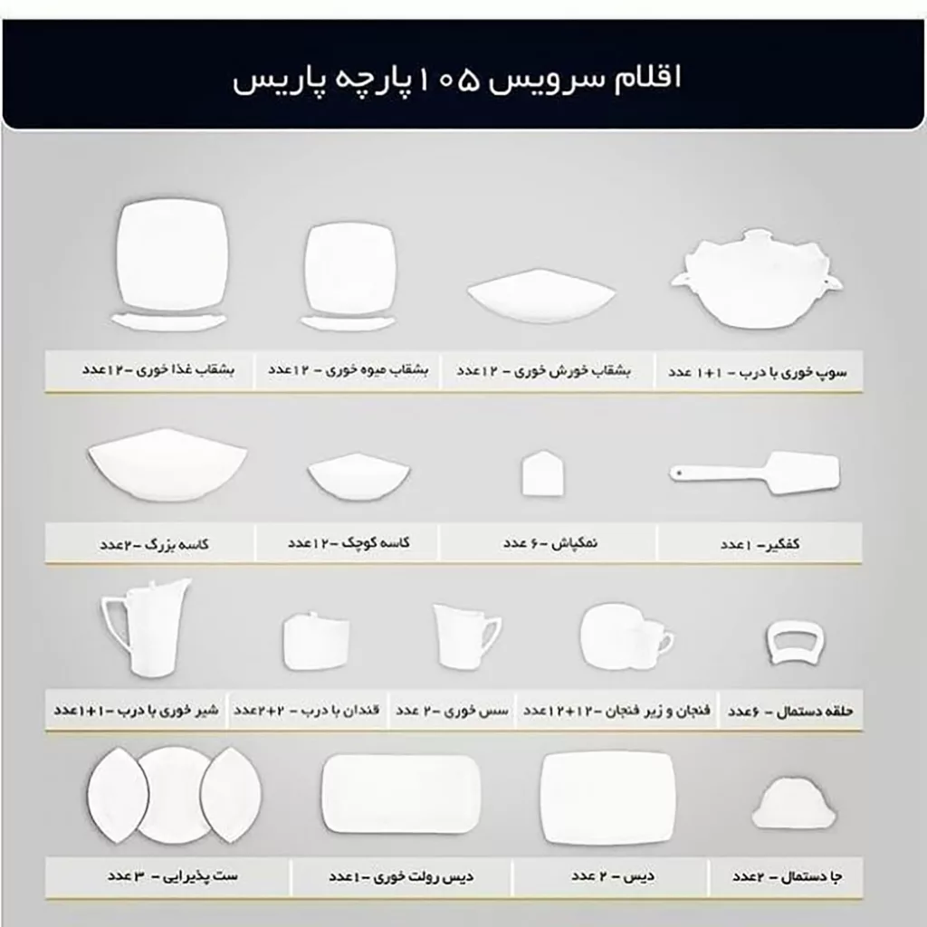 سرویس غذاخوری 105 پارچه چینی پردیس کاشان سری پاریس مدل هیرام 456 B