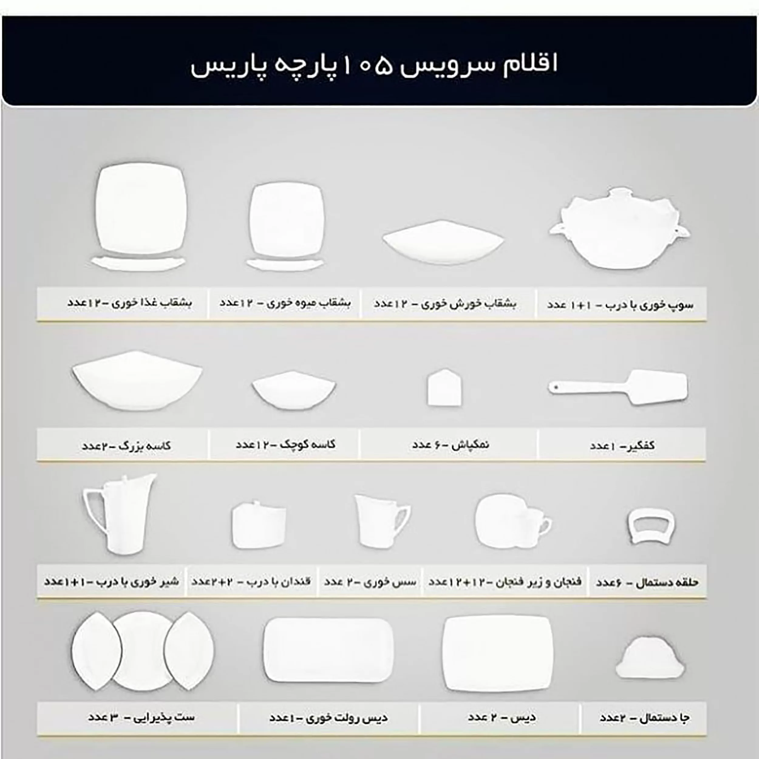 سرویس غذاخوری 105 پارچه چینی پردیس کاشان سری پاریس مدل هیرام 456 B