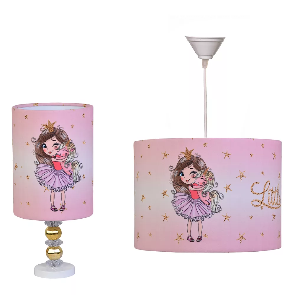 آباژور رومیزی کودک مدل دختر و اسب تک شاخ به همراه لوستر سقفی