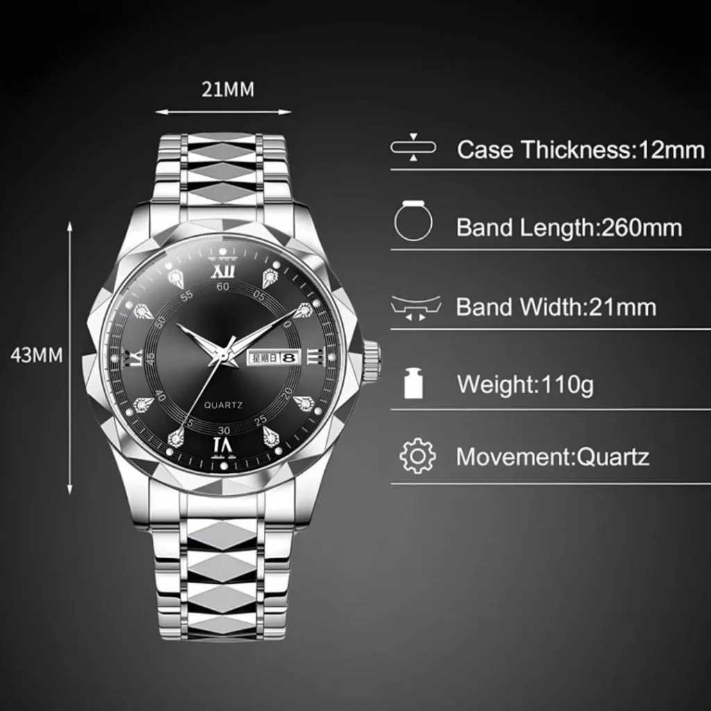 ساعت مچی عقربه‌ای کوارتز مردانه مدل الماسی دو تقویم کد 105