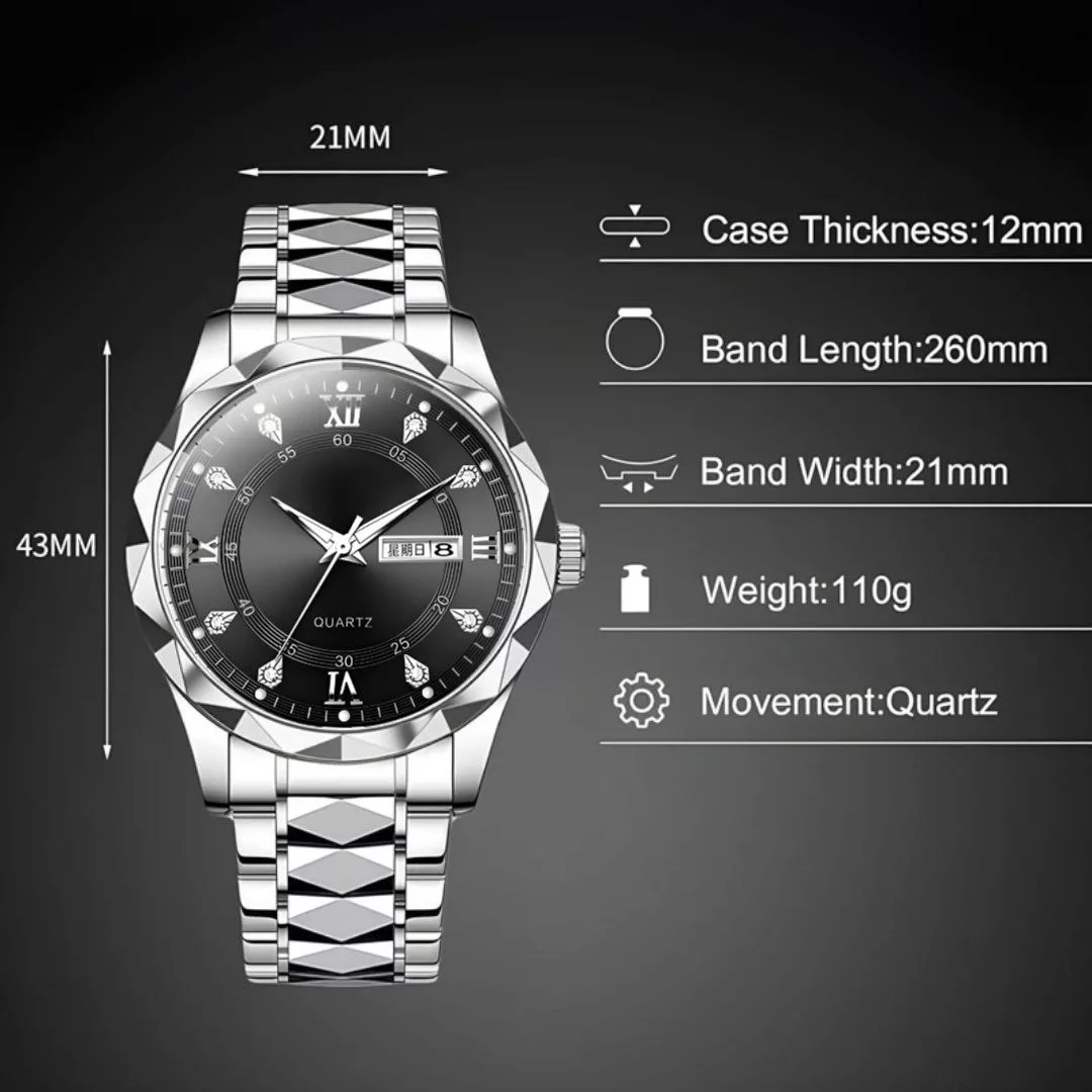 ساعت مچی عقربه‌ای کوارتز مردانه مدل الماسی دو تقویم کد 105