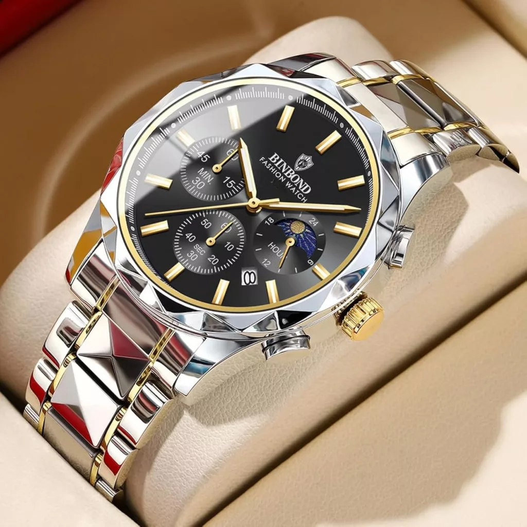 ساعت مچی عقربه‌ای کوارتز مردانه بین باند مدل اسپرت سه موتور فعال کرنوگراف بند استیل طرح تراش کد ۵