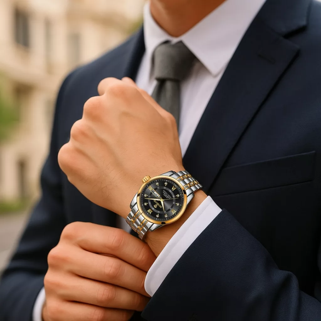 ساعت مچی عقربه‌ای کوارتز مردانه بین باند مدل لوکس کلاسیک دی دیت بند طرح بافت قفل مخفی کد ۱۱