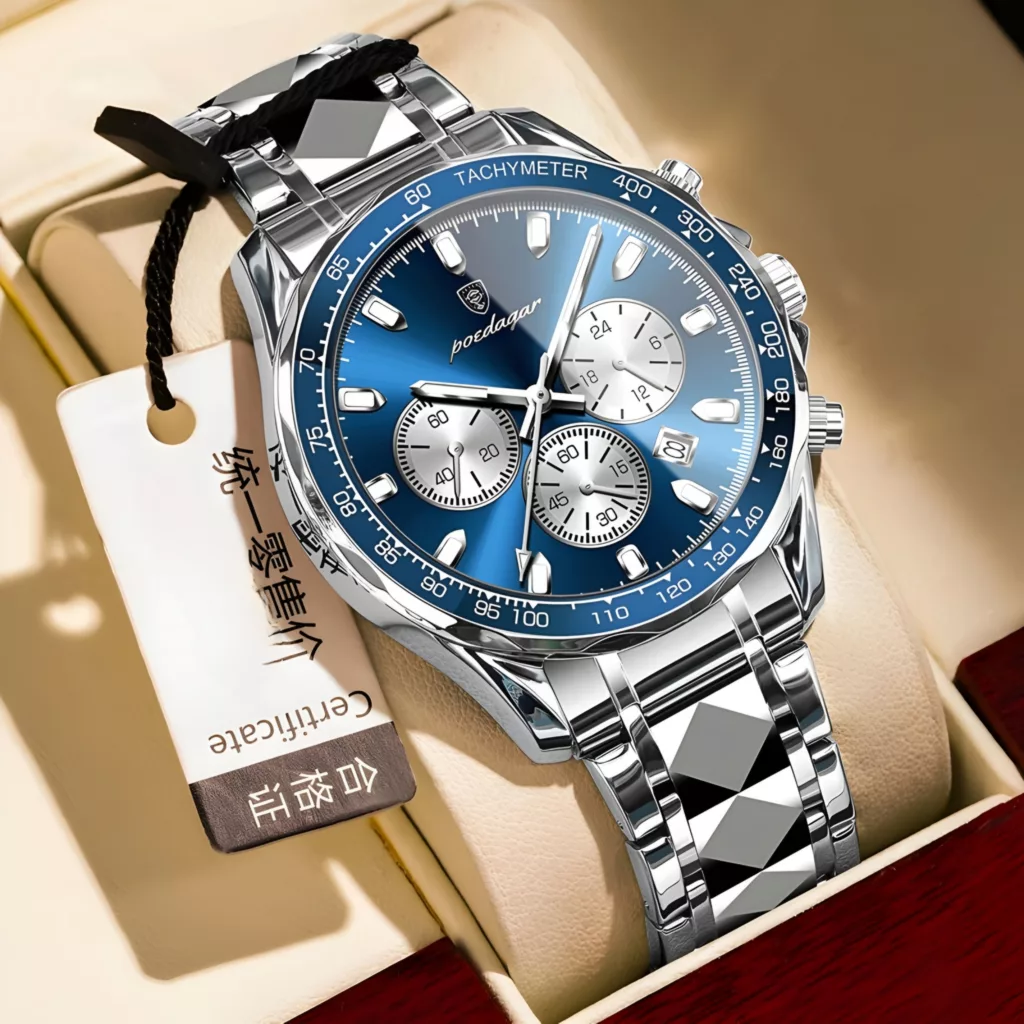 ساعت مچی عقربه‌ای کوارتز مردانه پوداگار مدل اسپرت سه موتور فعال کرنوگراف بند استیل الماسی کد ۳