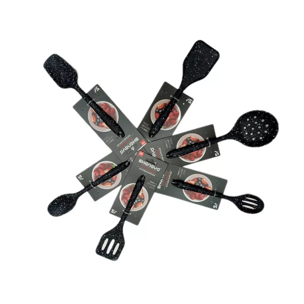 سرویس کفگیر و ملاقه 6 پارچه شنگیا مدل سیلیکونی کهکشانی شیار دار طرح مینیاتوری