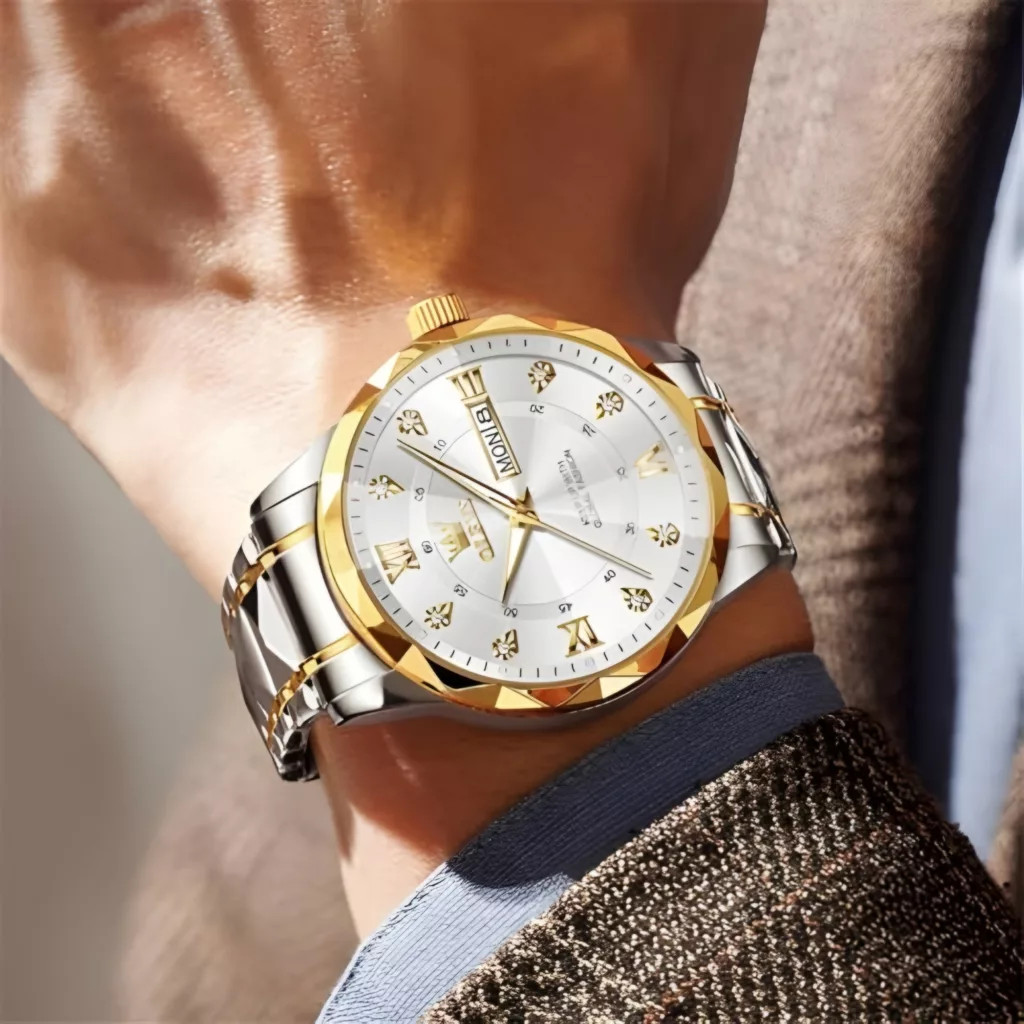 ساعت مچی عقربه‌ای کوارتز مردانه اُ لِوز مدل لوکس کلاسیک دی دیت بند طرح تراش الماسی قفل مخفی کد ۳