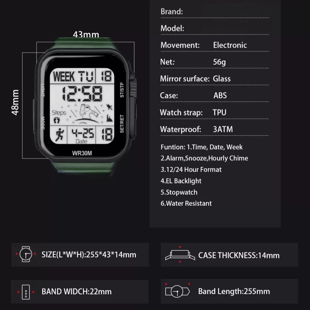 ساعت مچی دیجیتال مدل  اسپرت تک زمانه کرنوگراف بند پیو ضد آب استخری کد B3