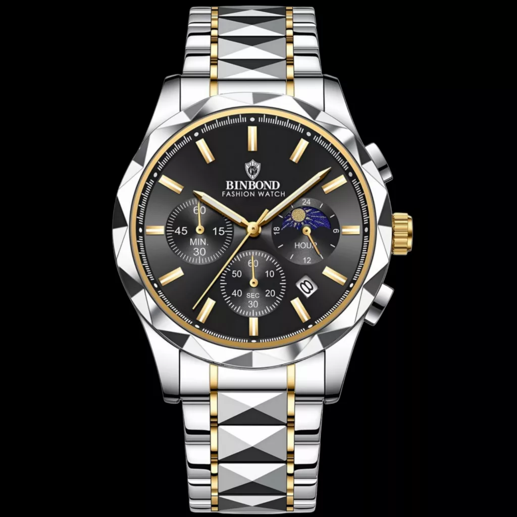 ساعت مچی عقربه‌ای کوارتز مردانه بین باند مدل اسپرت سه موتور فعال کرنوگراف بند استیل طرح تراش کد ۵