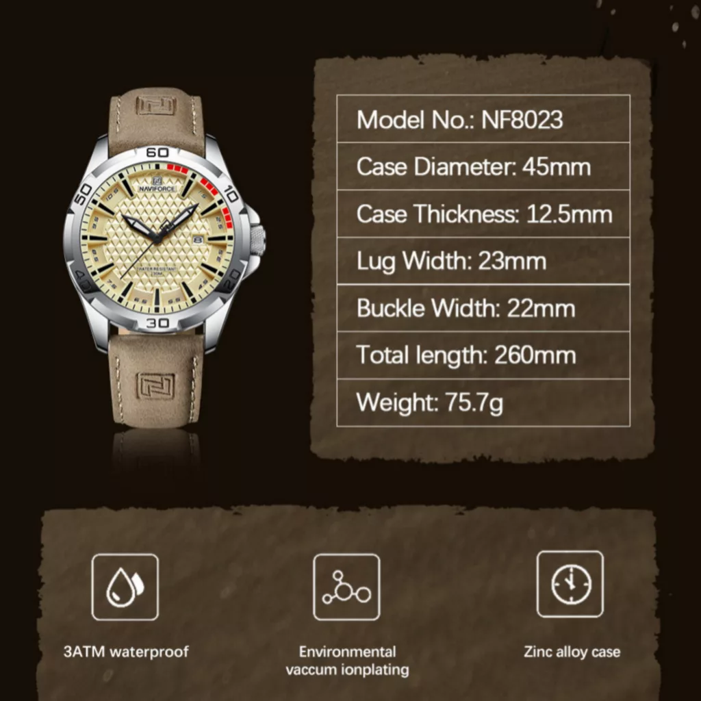 ساعت مچی عقربه‌ای مردانه نیوی فورس مدل تقویمدار بند جیر کد NF8023-S.Y