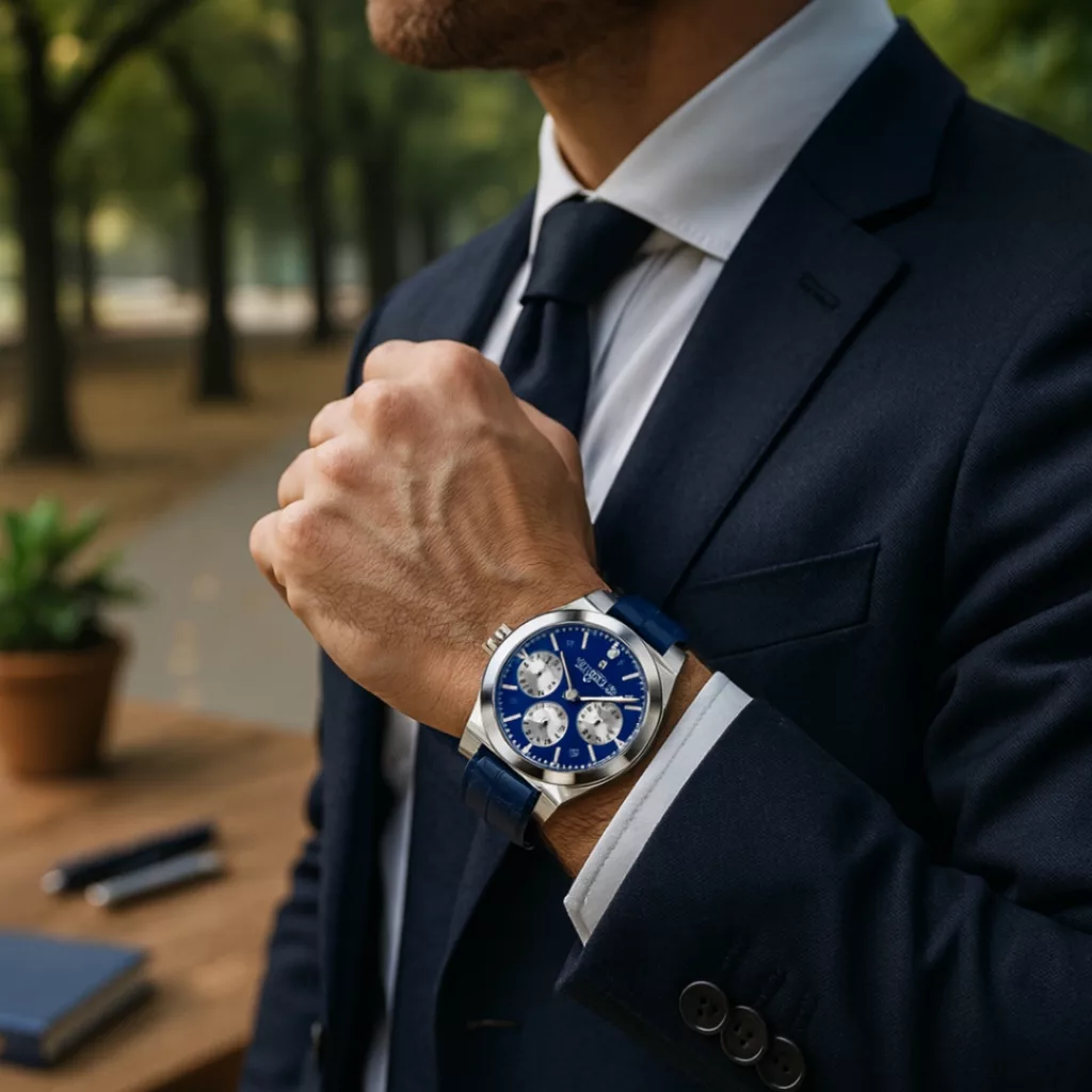 ساعت مچی عقربه‌ای کوارتز مردانه بین باند مدل اسپرت لوکس سه موتور فعال کرنوگراف بند چرم کد J1