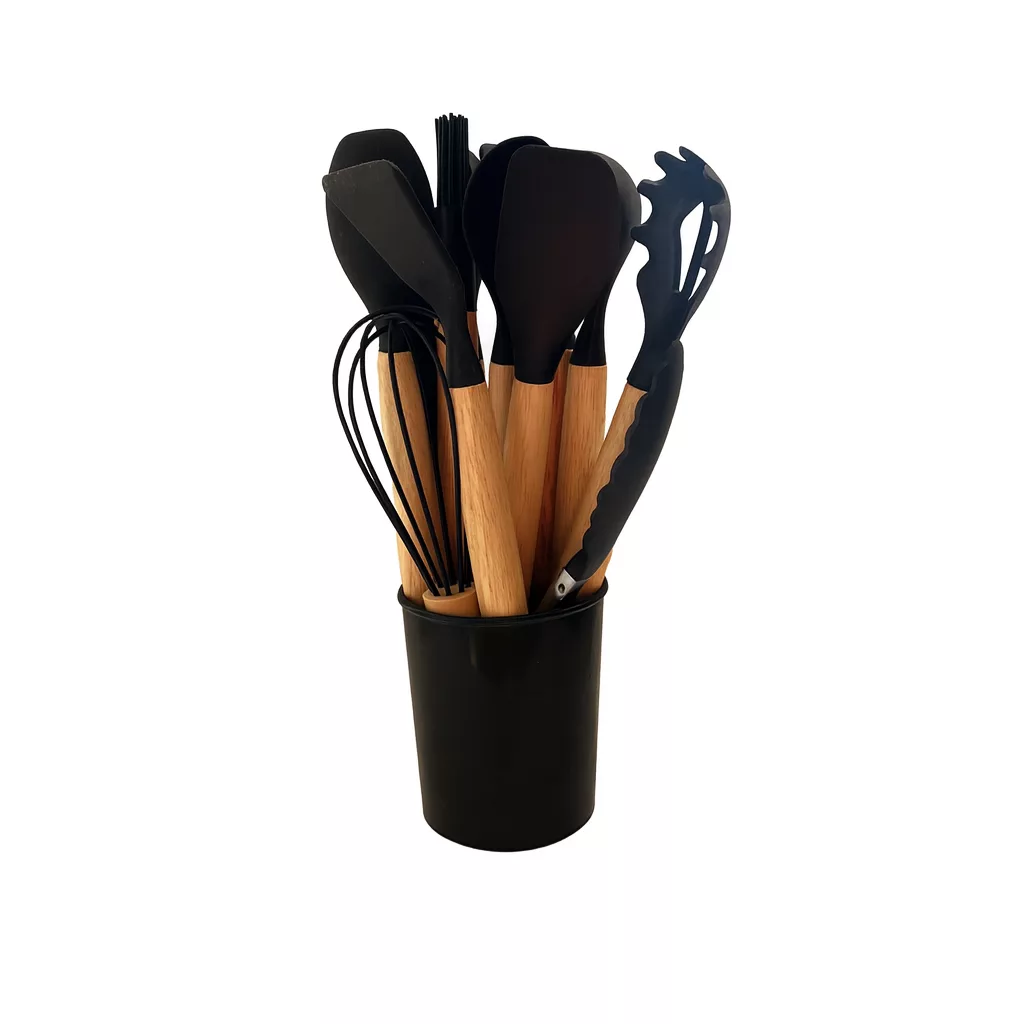 سرویس کفگیر و ملاقه سیلیکون و چوبی 12 پارچه مدل سایه