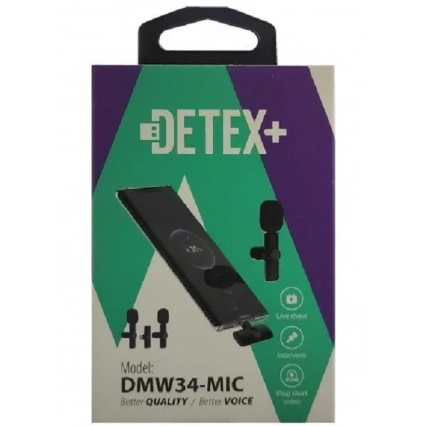 میکروفن بی سیم یقه ای دتکس پلاس مدل DMW34 با درگاه اتصال جک 3.5 میلی متری و بلوتوث