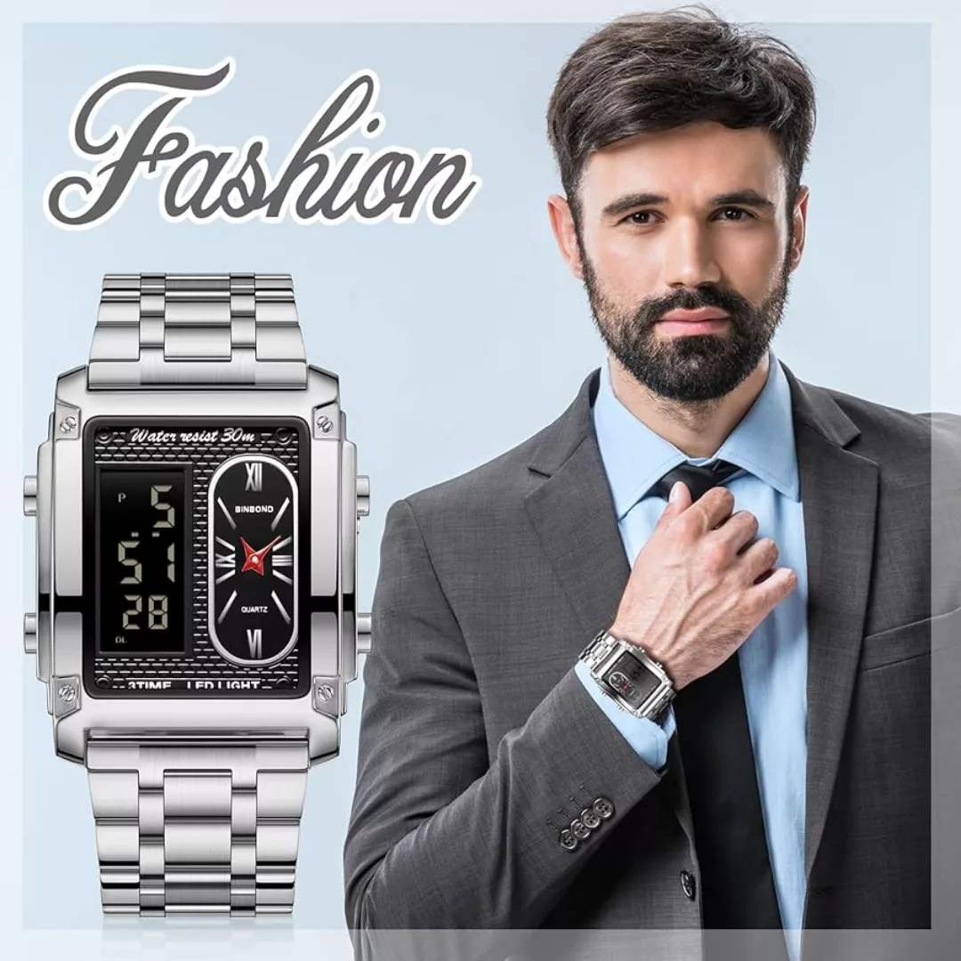 ساعت مچی عقربه‌ای کوارتز مردانه بین باند مدل اسپرت سه زمانه کرنوگراف بند استیل کد ۱.۲