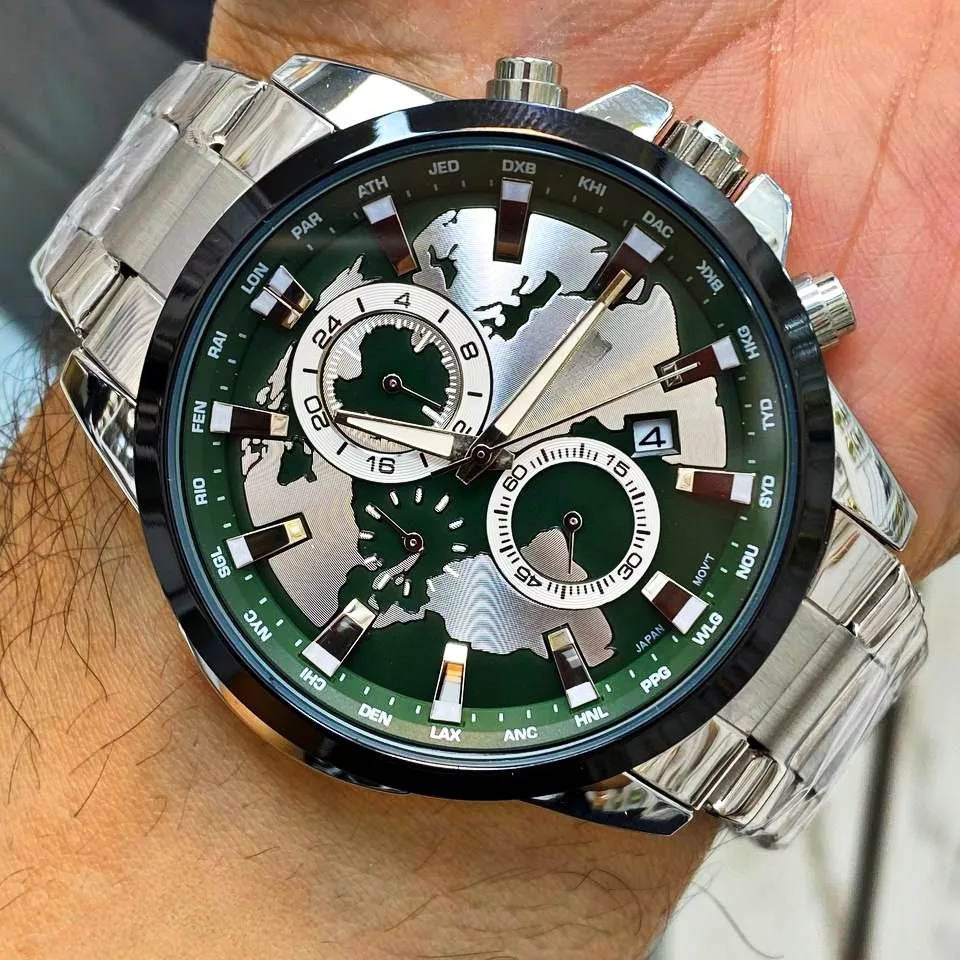 ساعت مچی عقربه‌ای کوارتز مردانه مدل سه موتور فعال کورنوگراف جهان نما کد 104