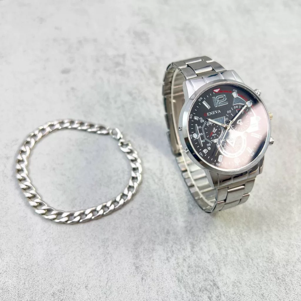 ست ساعت مچی عقربه‌ای کوارتز و دستبند مردانه جنوا مدل تقویم‌دار کد 528-2 Si