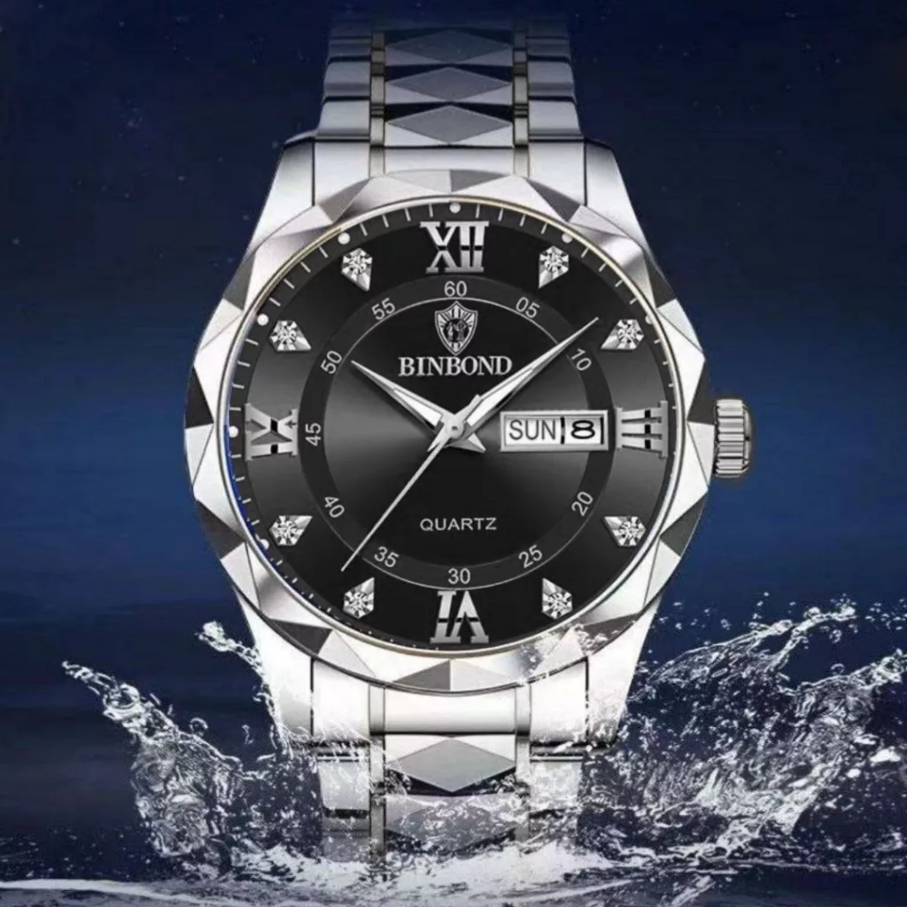 ساعت مچی عقربه‌ای کوارتز مردانه مدل الماسی قفل پروانه‌ای ضدآب کد 002