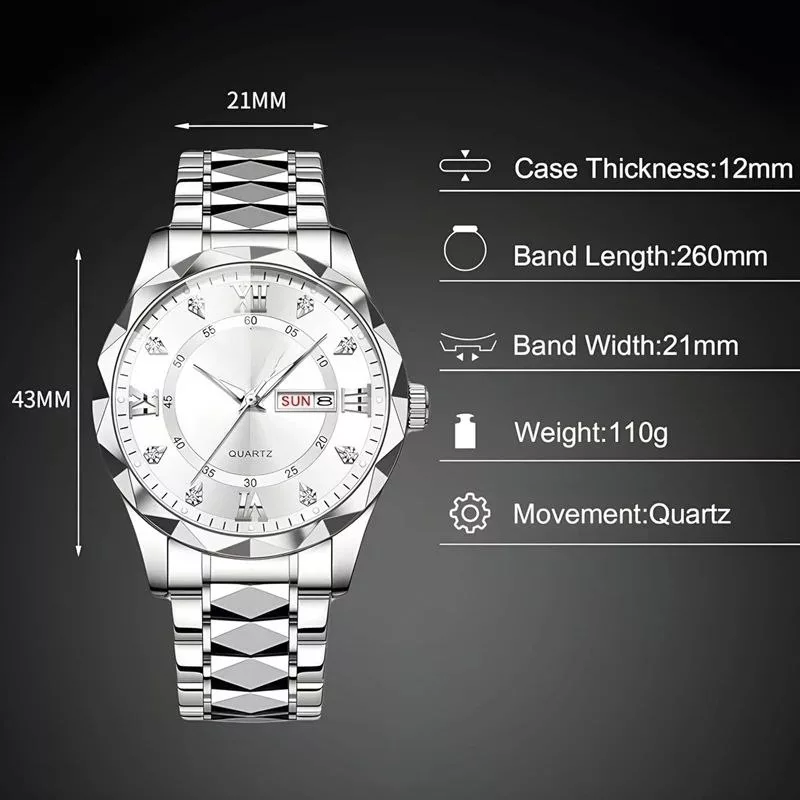 ساعت مچی عقربه‌ای کوارتز مردانه مدل الماسی دو تقویم کد 102