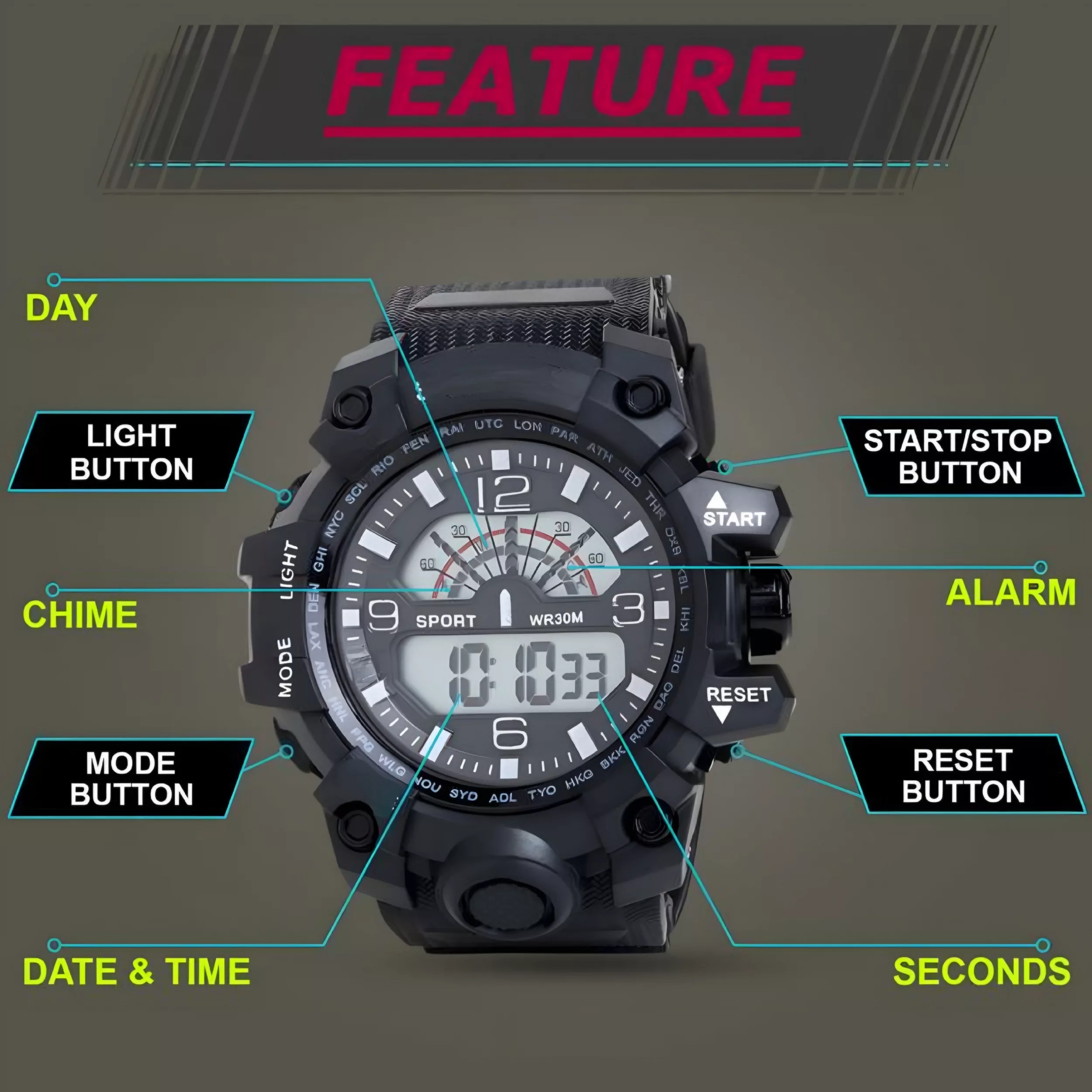 ساعت مچی دیجیتال مردانه مدل اسپرت تک زمانه کرنوگراف بند پیو کد ۵