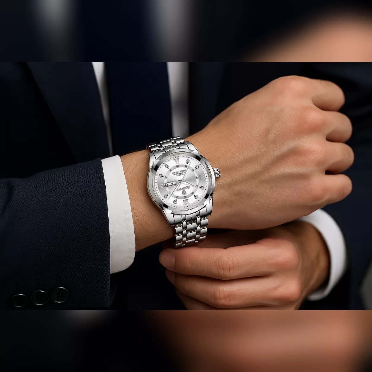 ساعت مچی عقربه‌ای کوارتز مردانه بین باند مدل لوکس کلاسیک دی دیت بند طرح بافت قفل مخفی کد ۷