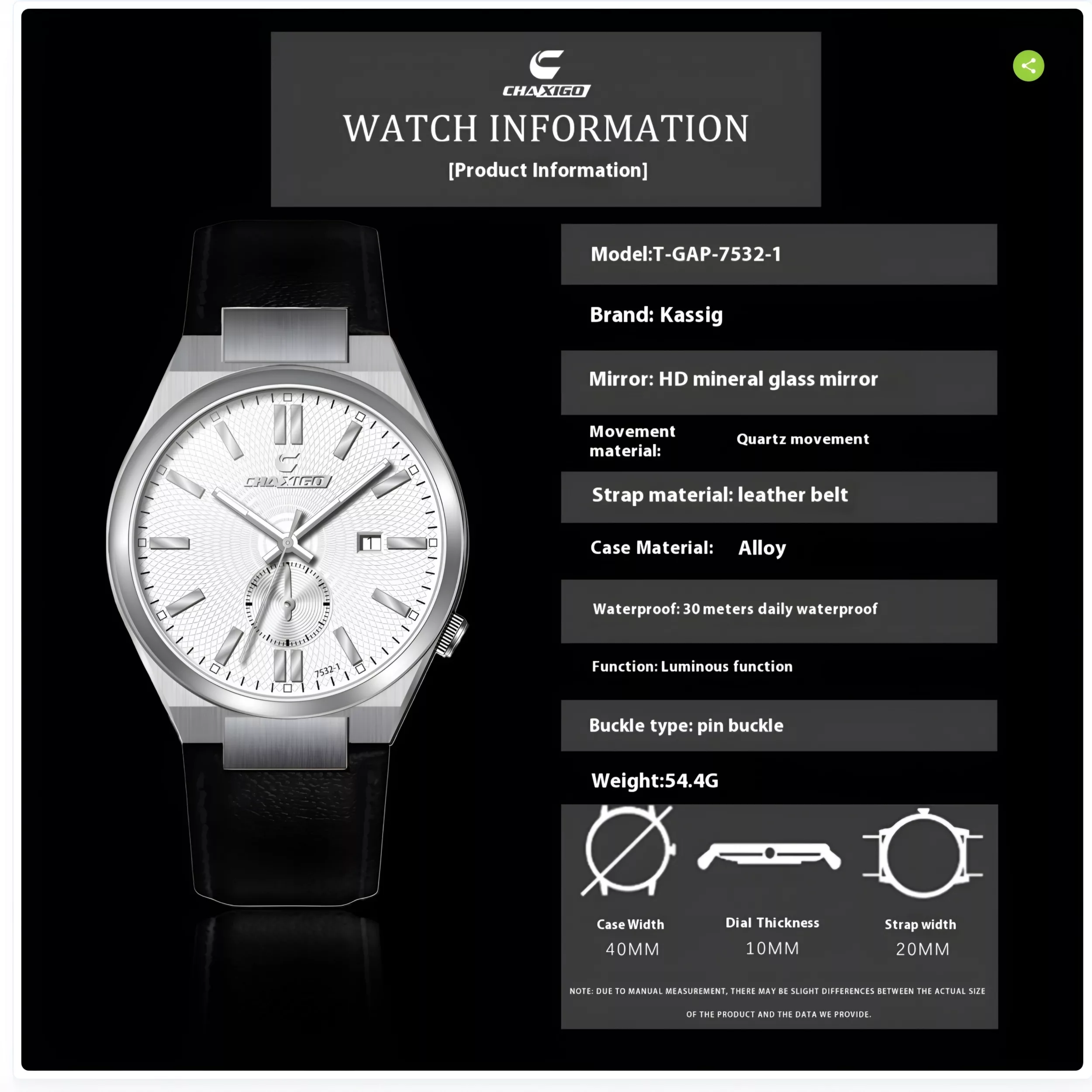 ساعت مچی عقربه‌ای کوارتز مردانه چاکسیگو مدل کلاسیک اسپرت تک موتوره بند چرم کد C1