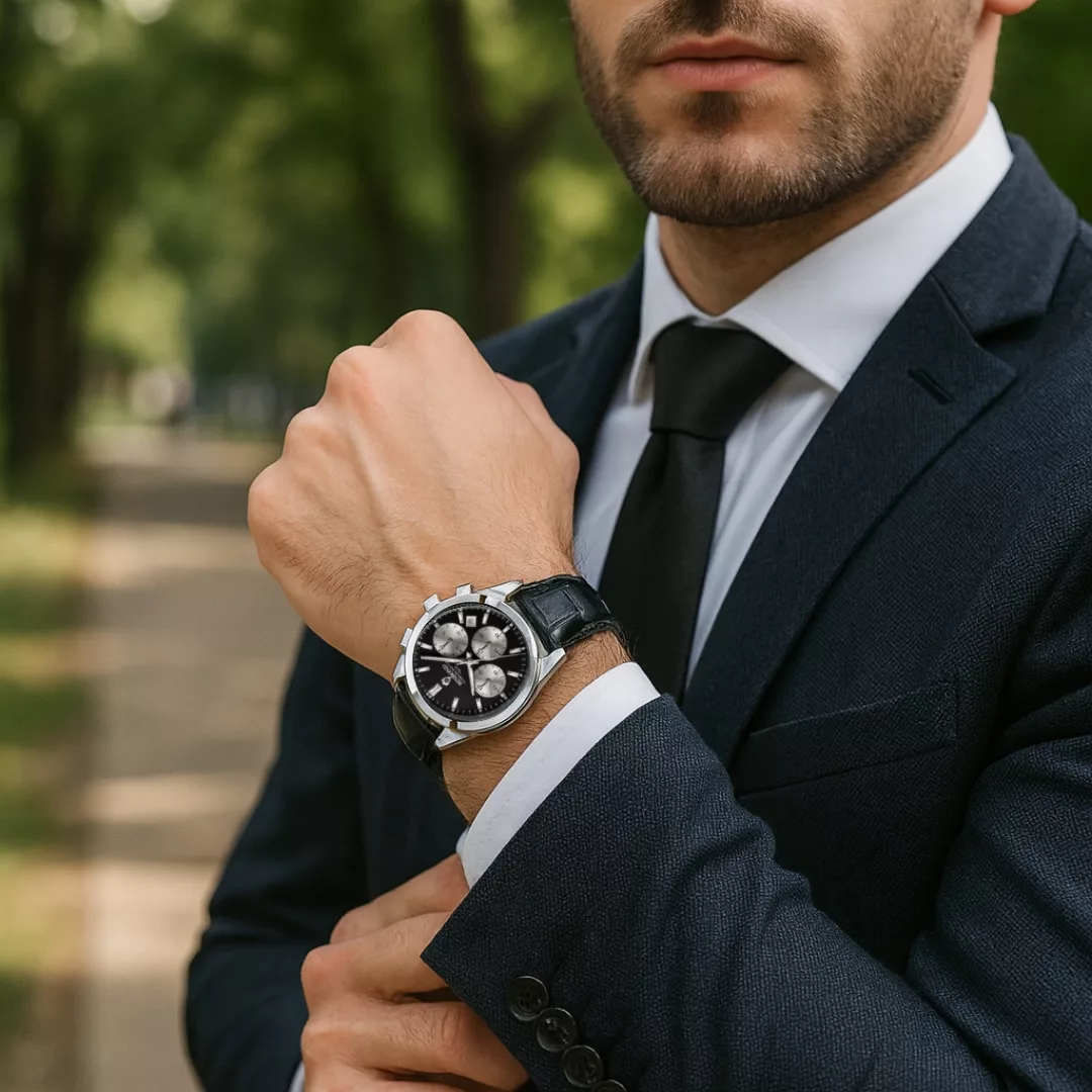 ساعت مچی عقربه‌ای کوارتز مردانه بین باند مدل اسپرت لوکس سه موتور فعال کرنوگراف بند چرم کد J3