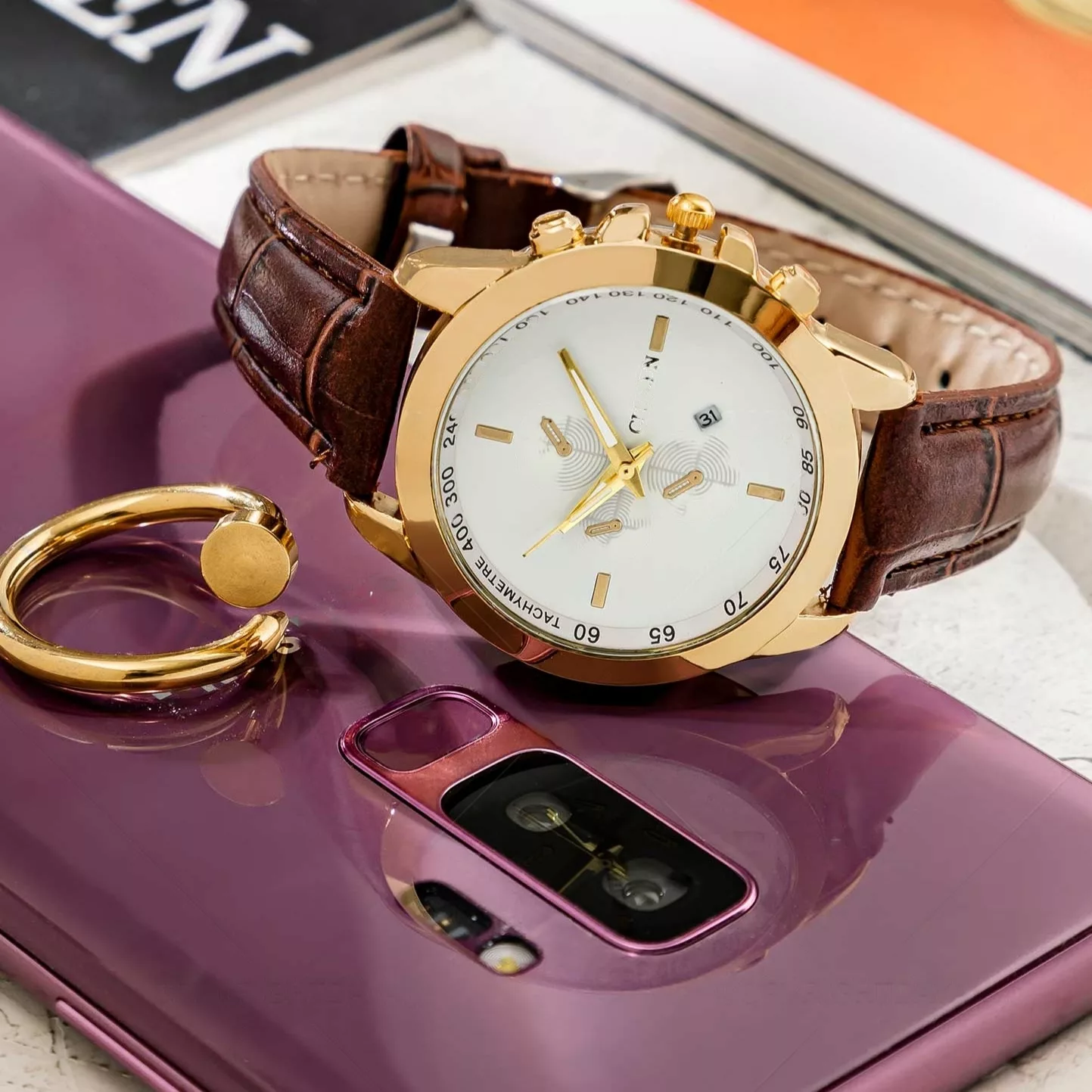 ساعت مچی عقربه‌ای مردانه مدل تک موتوره تقویم دار بند چرمی