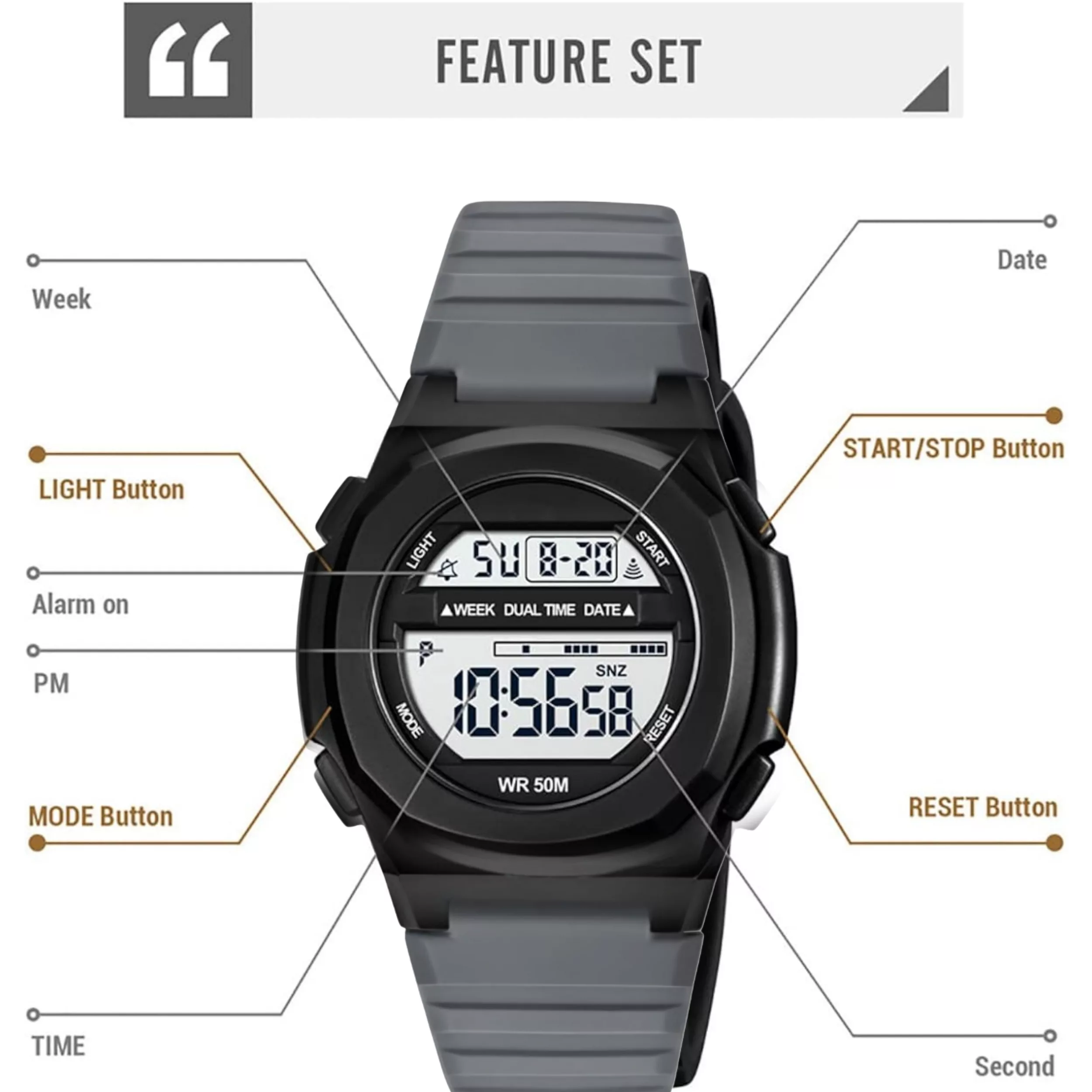 ساعت مچی دیجیتال مدل کوارتز تک زمانه کرنومتر دار بند پیو ضد آب کد ۱.۲