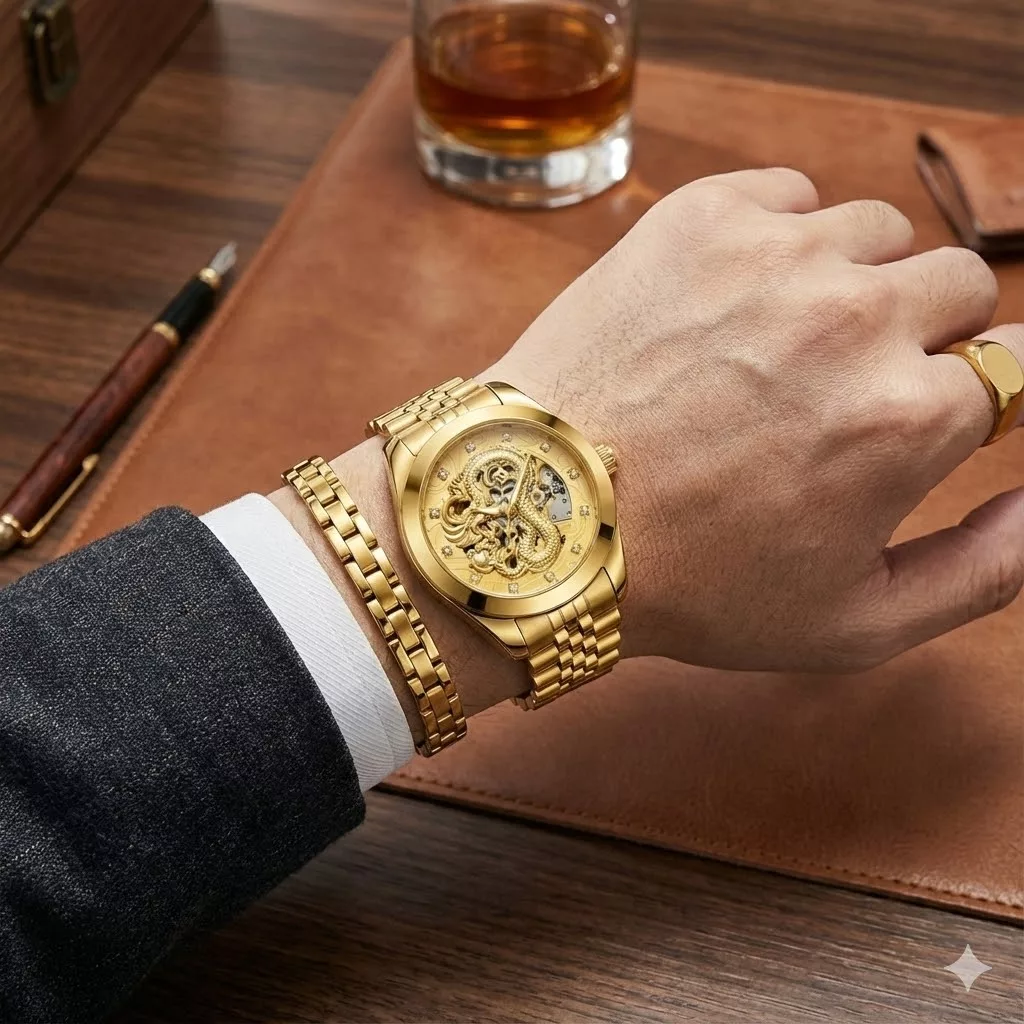 ساعت مچی عقربه‌ای اتوماتیک مردانه مدل لوکس طرح دراگون بند استیل قفل مخفی کد D1
