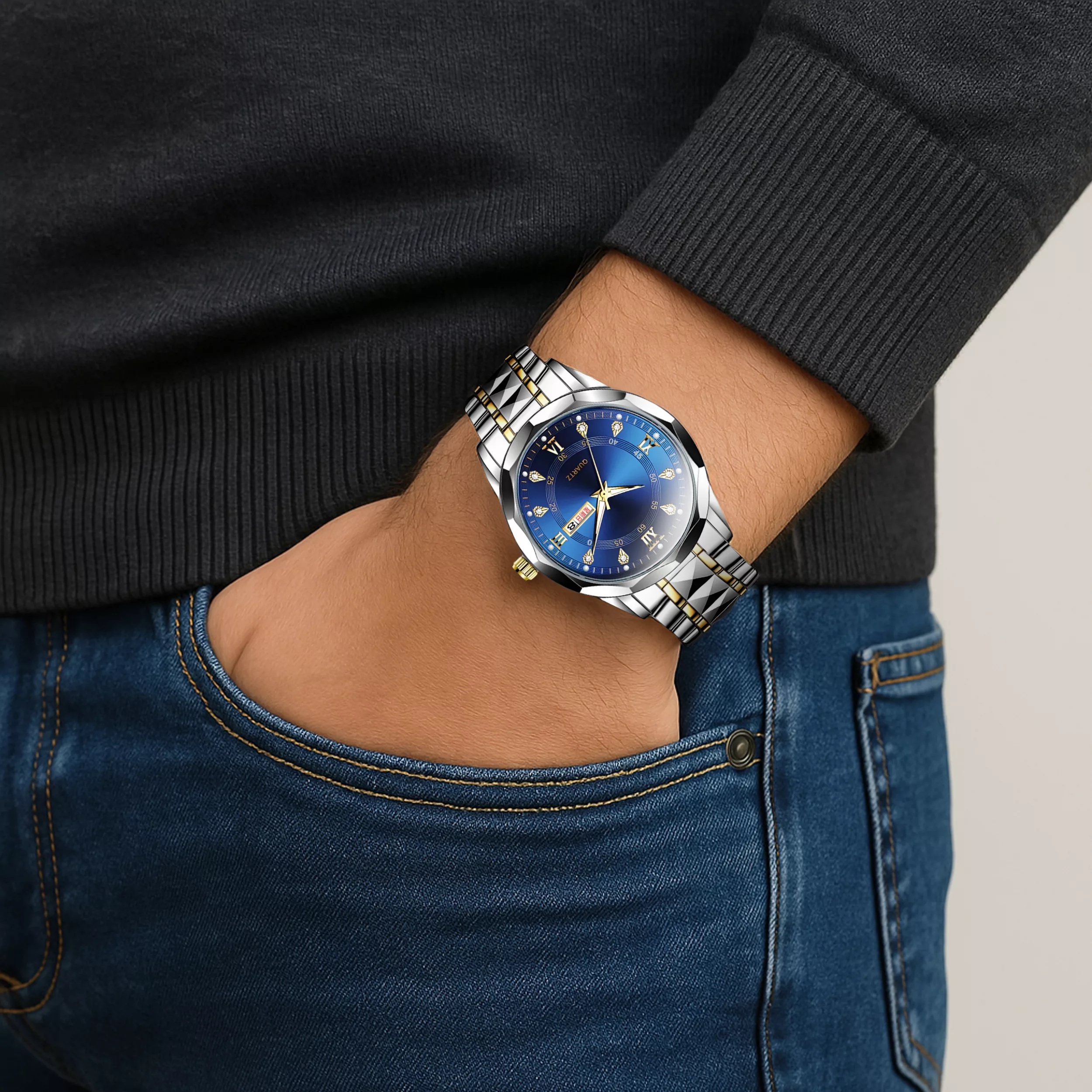 ساعت مچی عقربه‌ای کوارتز مردانه مدل کلاسیک دی دیت بند استیل طرح تراش الماسی کد c1.6