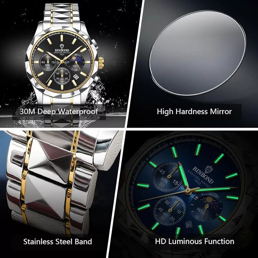 ساعت مچی عقربه‌ای کوارتز مردانه بین باند مدل الماسی کورنوگراف سه موتور فعال کد 105