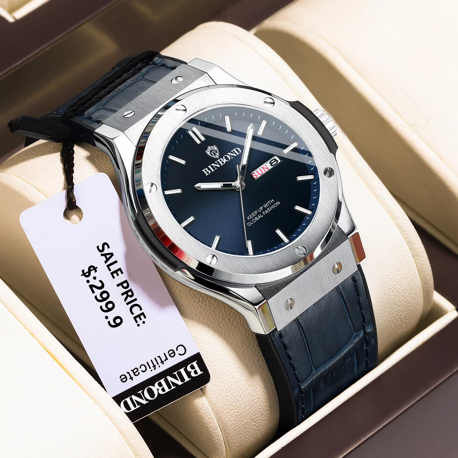 ساعت مچی عقربهای کوارتز مردانه بین باند مدل کلاسیک دی دیت بند چرم کد ۲