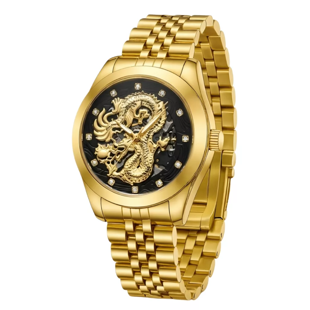 ساعت مچی عقربه‌ای اتوماتیک مردانه مدل لوکس طرح دراگون بند استیل قفل مخفی کد D2