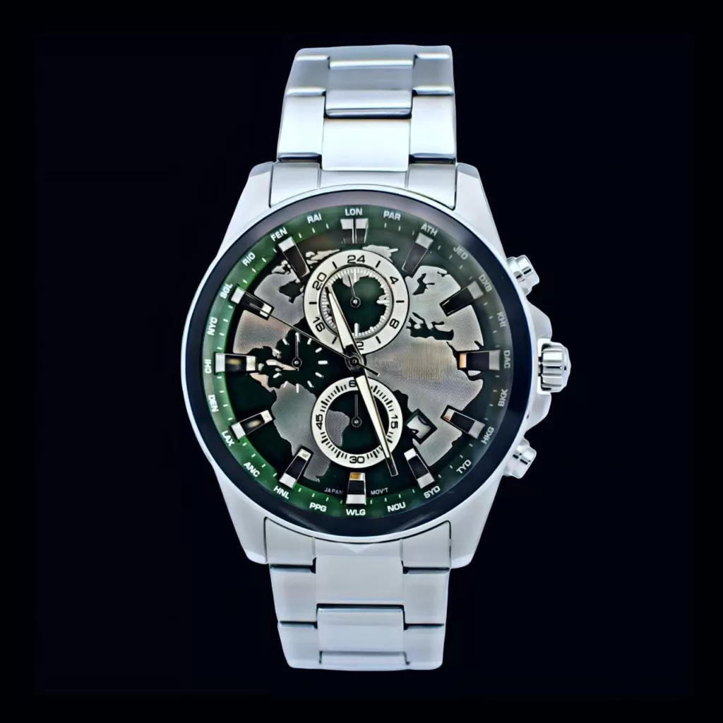 ساعت مچی عقربه‌ای کوارتز مردانه مدل سه موتور فعال کورنوگراف جهان نما کد 104