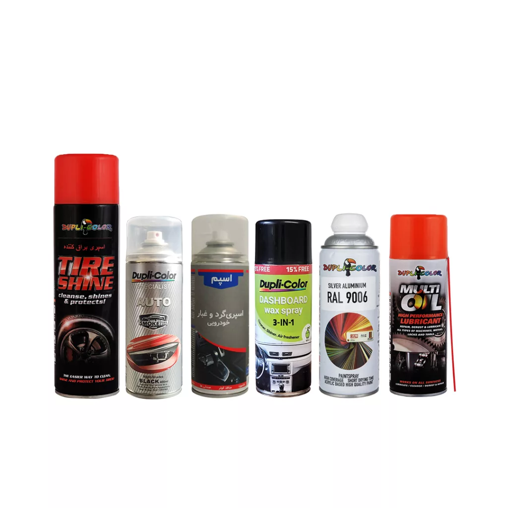 اسپری براق کننده لاستیک و چراغ دودی و پاک کننده مجرای هوا و پولیش و خوشبو کننده داشبورد و رنگ اگزوز و انجین و روان کننده دوپلی کالر مدل CAR6 حجم 500 میلی لیتر مجموعه 6 عددی