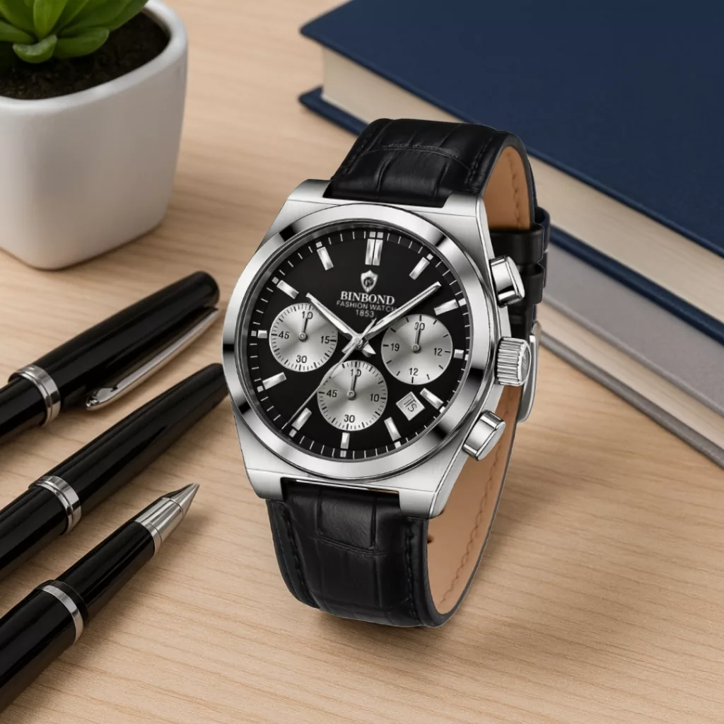 ساعت مچی عقربه‌ای کوارتز مردانه بین باند مدل اسپرت لوکس سه موتور فعال کرنوگراف بند چرم کد J3