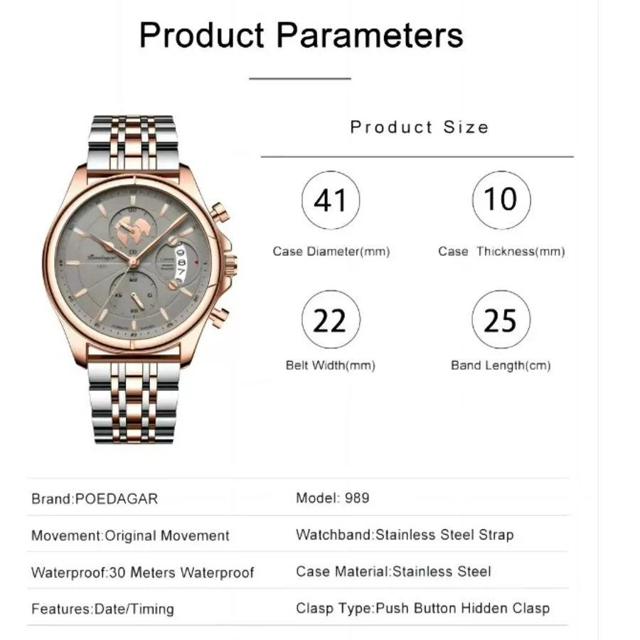 ساعت مچی عقربه‌ای مردانه کوارتز کرنوگراف پوداگار مدل 989G