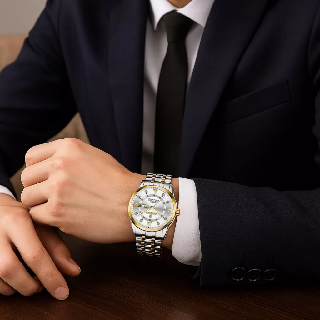 ساعت مچی عقربهای کوارتز مردانه بین باند مدل لوکس کلاسیک دی دیت بند طرح بافت قفل مخفی کد ۹