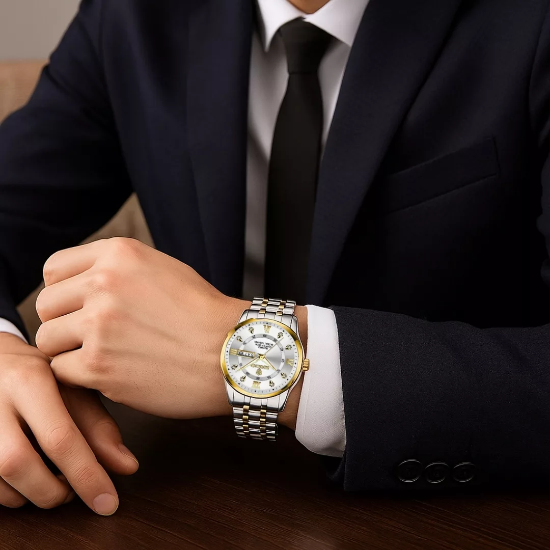 ساعت مچی عقربهای کوارتز مردانه بین باند مدل لوکس کلاسیک دی دیت بند طرح بافت قفل مخفی کد ۹