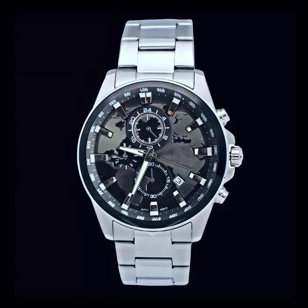 ساعت مچی عقربه‌ای کوارتز مردانه مدل سه موتور فعال کورنوگراف جهان نما کد 102