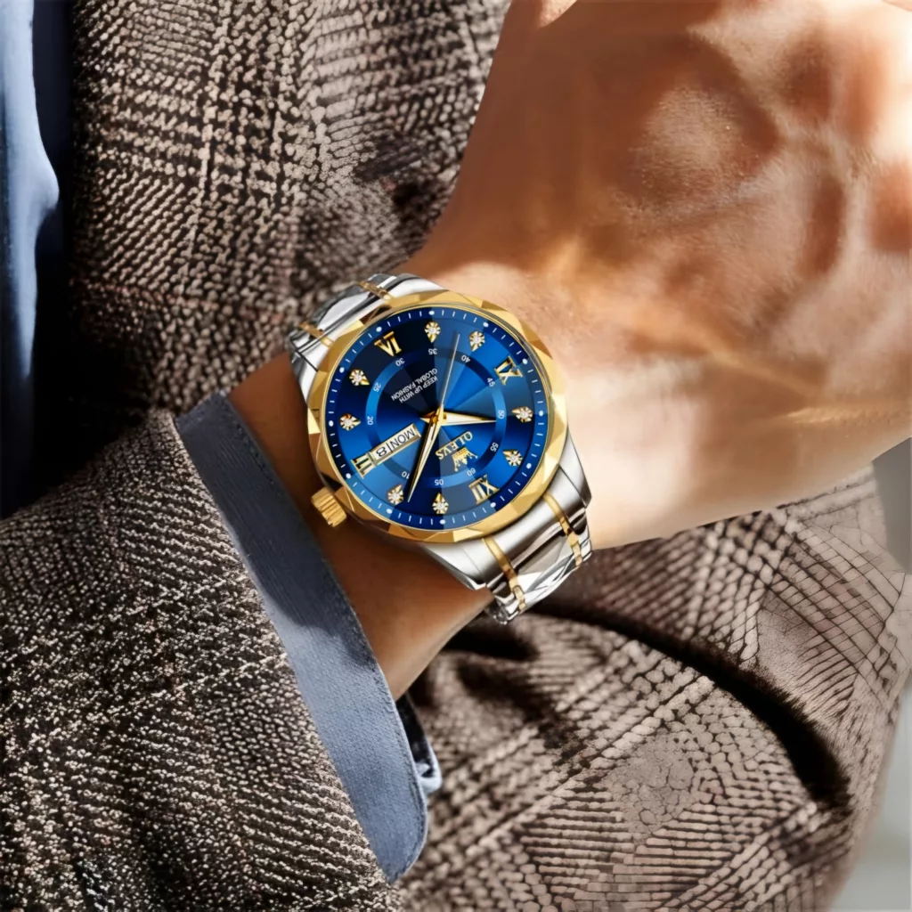 ساعت مچی عقربه‌ای کوارتز مردانه اُ لِوز مدل لوکس کلاسیک دی دیت بند طرح تراش الماسی قفل مخفی کد ۲