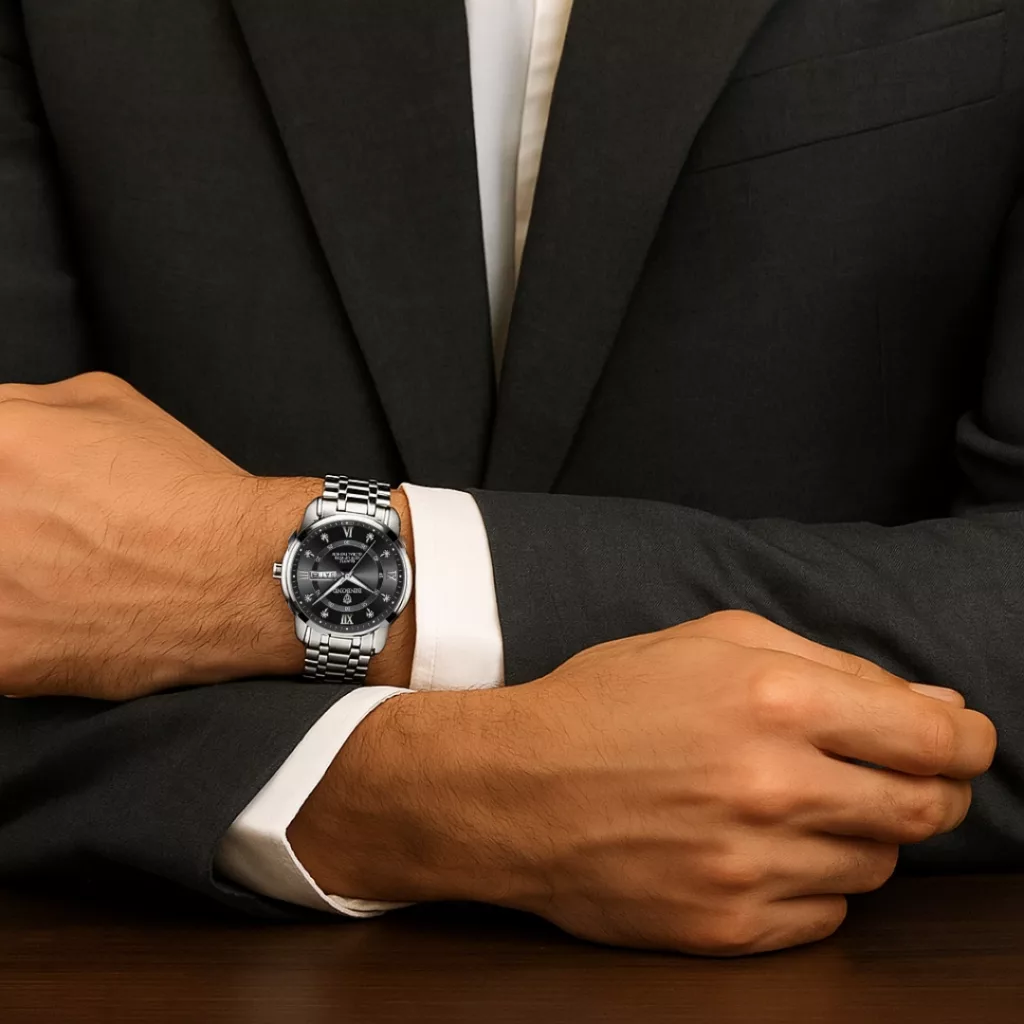 ساعت مچی عقربهای کوارتز مردانه بین باند مدل لوکس کلاسیک دی دیت بند طرح بافت قفل مخفی کد ۴