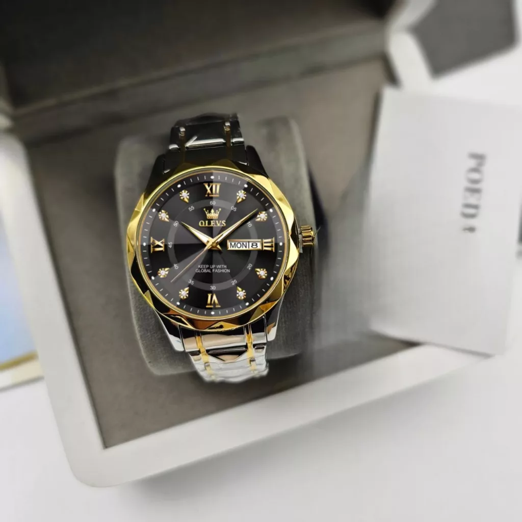 ساعت مچی عقربه‌ای کوارتز مردانه اُ لِوز مدل لوکس کلاسیک دی دیت بند طرح تراش الماسی قفل مخفی کد ۱