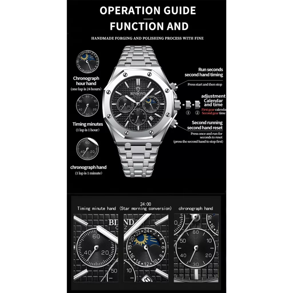 ساعت مچی عقربه‌ای کوارتز مردانه بین باند مدل کلاسیک سه موتور فعال کرنوگراف بند استیل کد 1